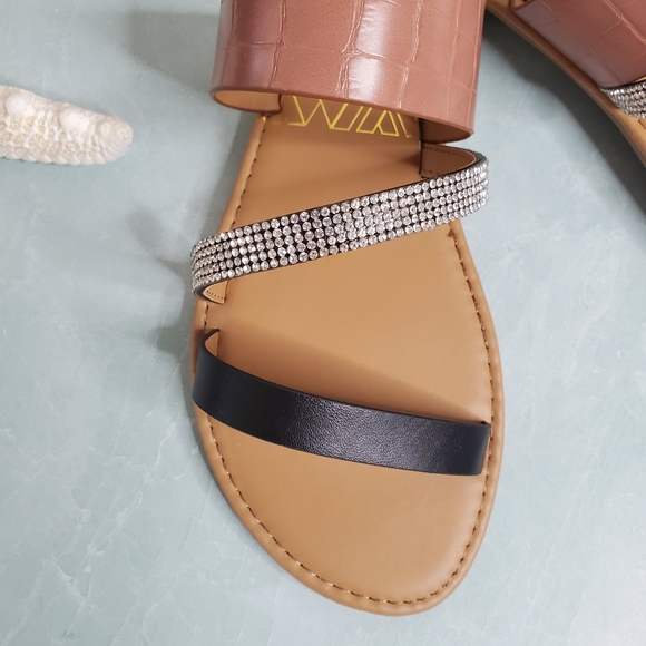 NEW Mocha Rhinestone Triple Strap Slip on Sandal - Picture 6 of 8